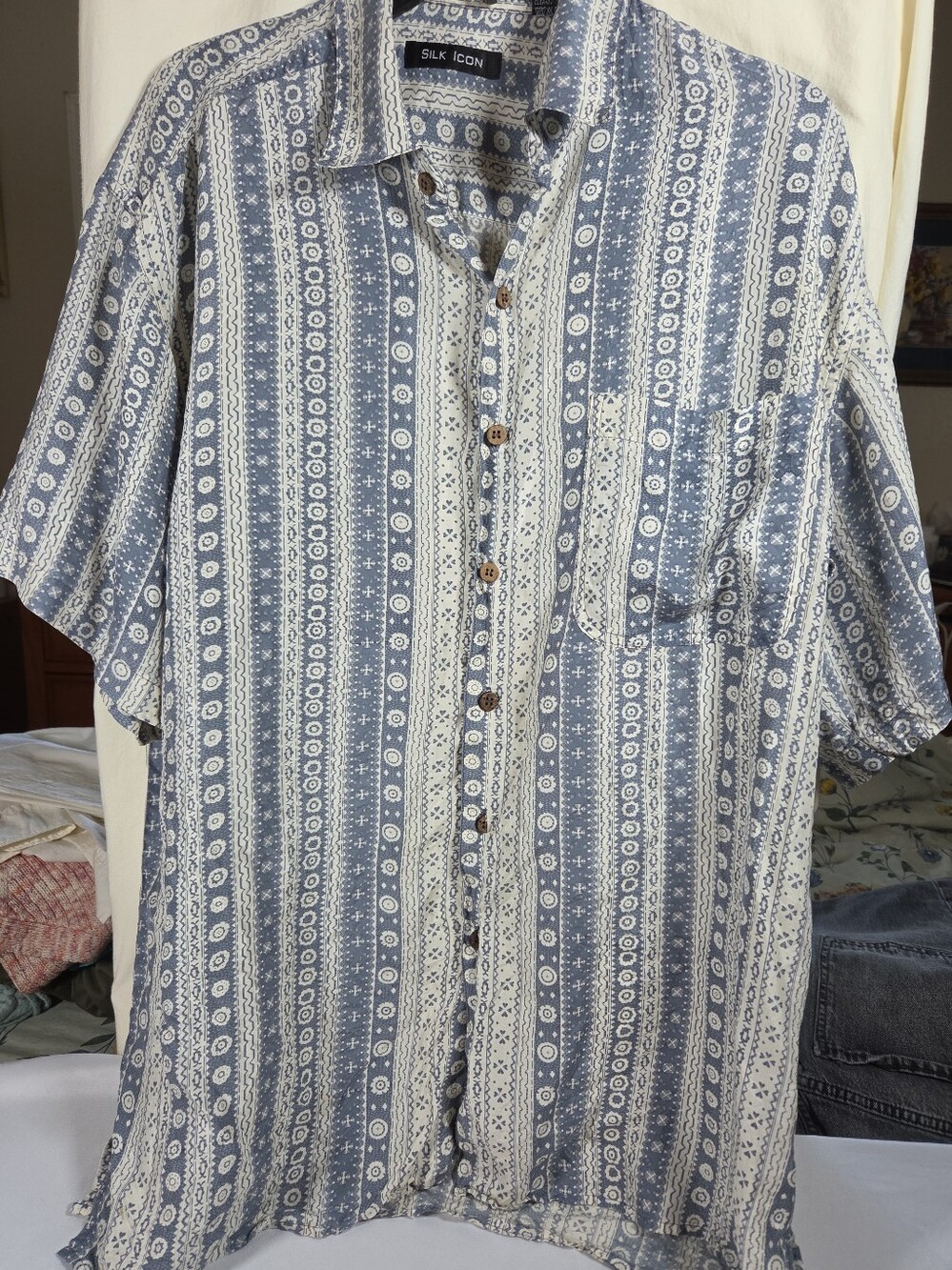 Silk Icon Button Up Shirt Mens L Large Blue Hawaiian Camp Tropical Short Sleeve
